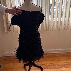 JS Collections Black Strapless Feather-Hem Cocktail Dress